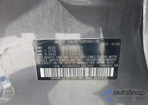 2020 Subaru Legacy from USA, damaged, VIN 4S3BWAB66L3017662